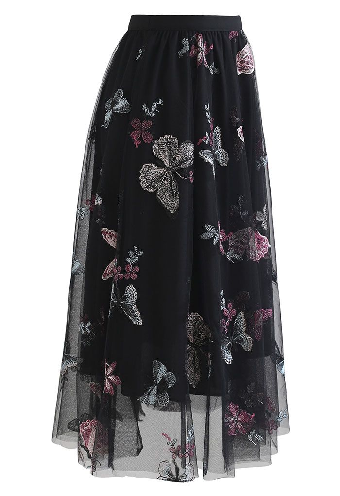 Falda de malla de doble capa con bordado de mariposa negra