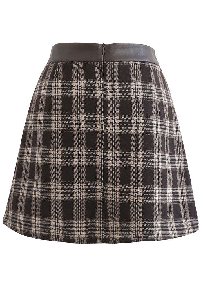 Minifalda de mezcla de lana a cuadros con cintura de cuero de PU