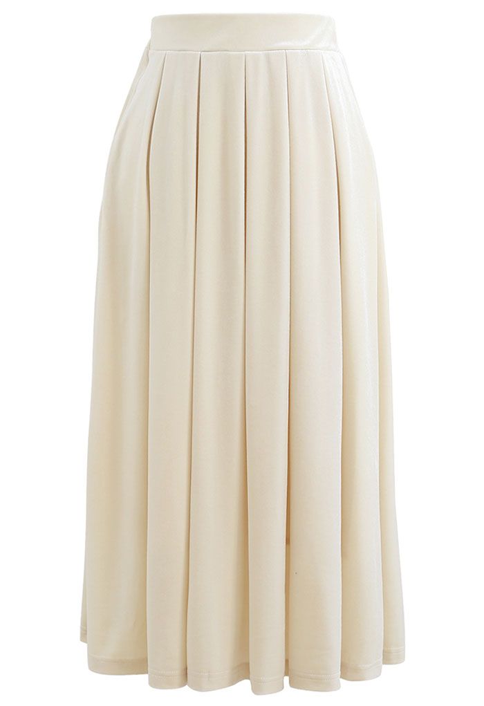 Falda midi plisada de terciopelo con brillo en crema
