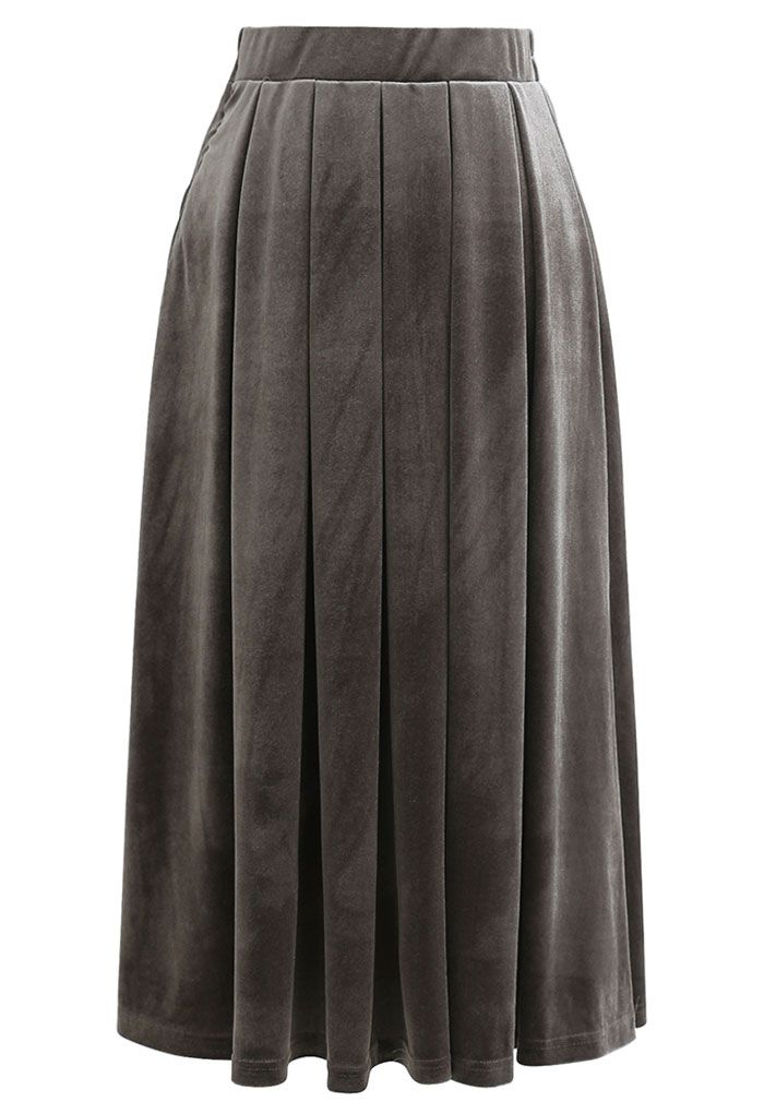 Falda midi plisada de terciopelo con brillo en gris