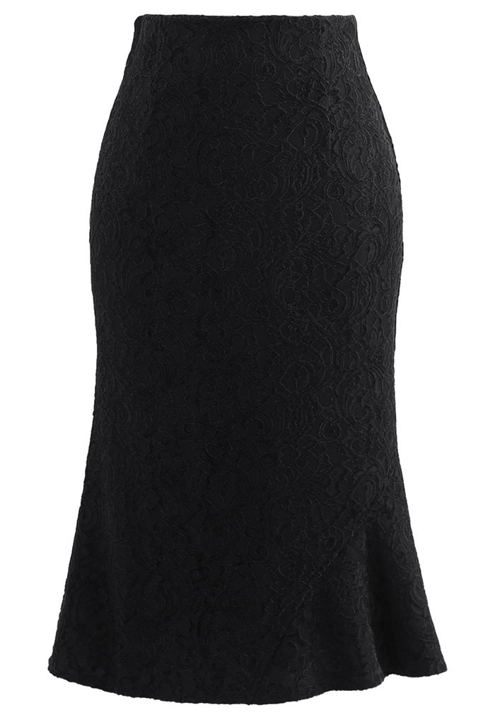 Falda de tubo acampanada de encaje de terciopelo barroco en negro