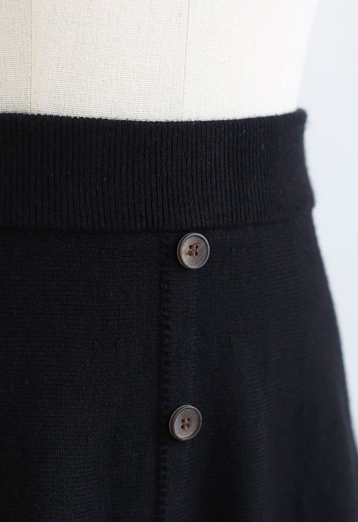 Falda midi de punto decorada con botones y dobladillo con volantes en negro