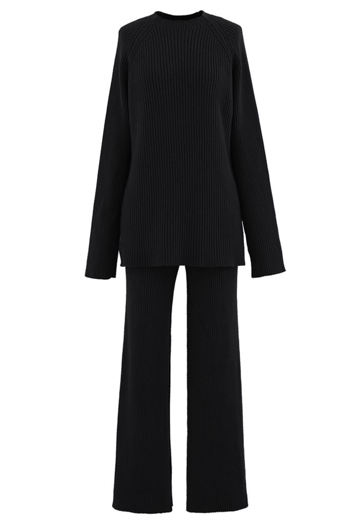 Conjunto de suéter y pantalones de punto acanalado con dobladillo dividido en negro