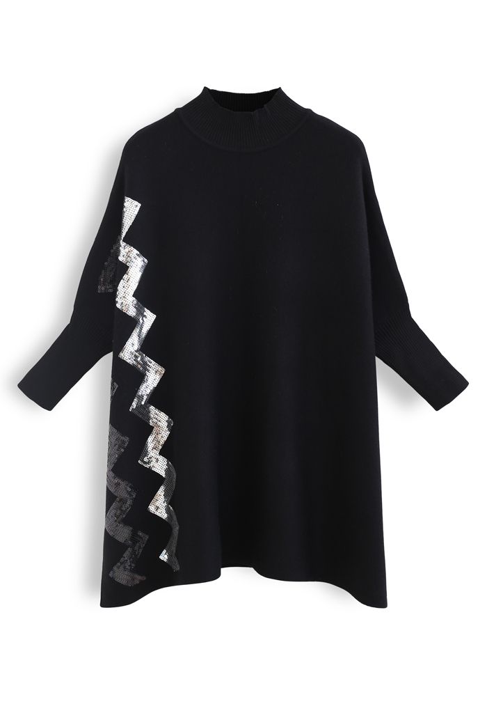 Suéter tipo capa de punto con lentejuelas en zigzag en negro