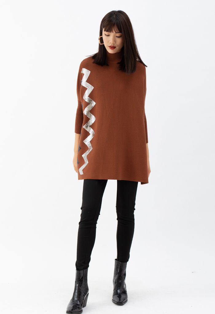 Suéter tipo capa de punto con lentejuelas en zigzag en caramelo