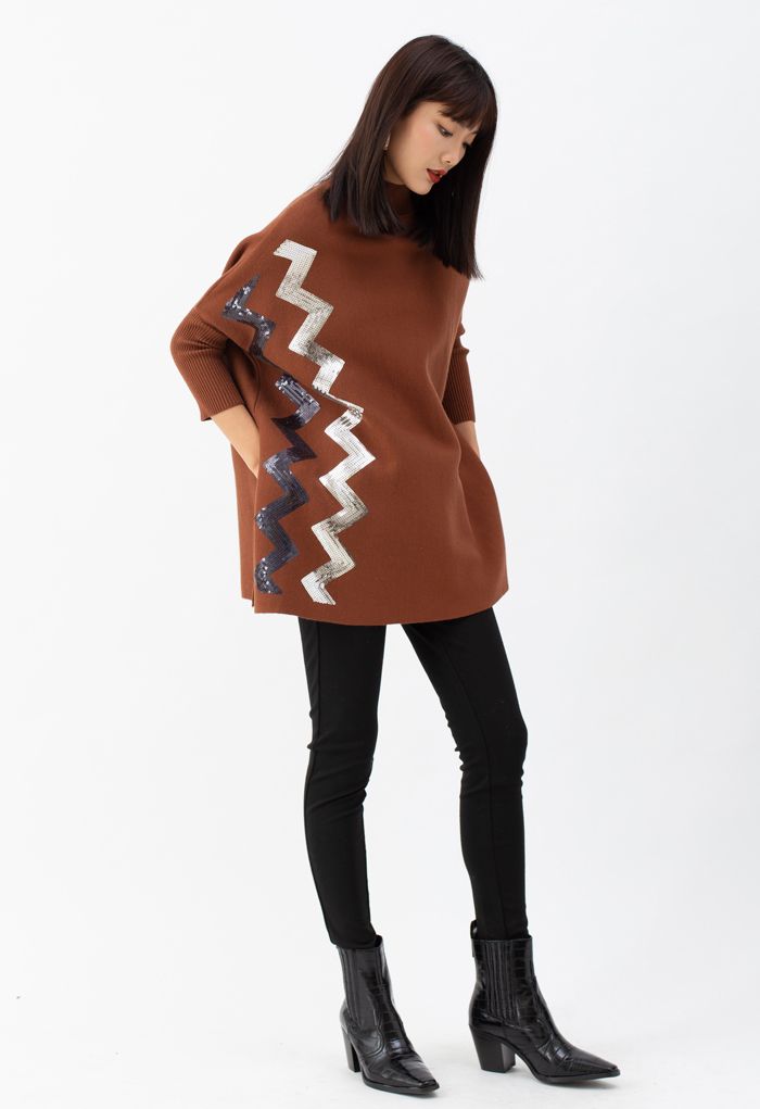 Suéter tipo capa de punto con lentejuelas en zigzag en caramelo