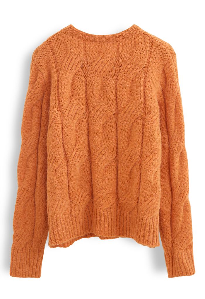 Suéter de punto trenzado con cuello redondo Fuzzy en naranja