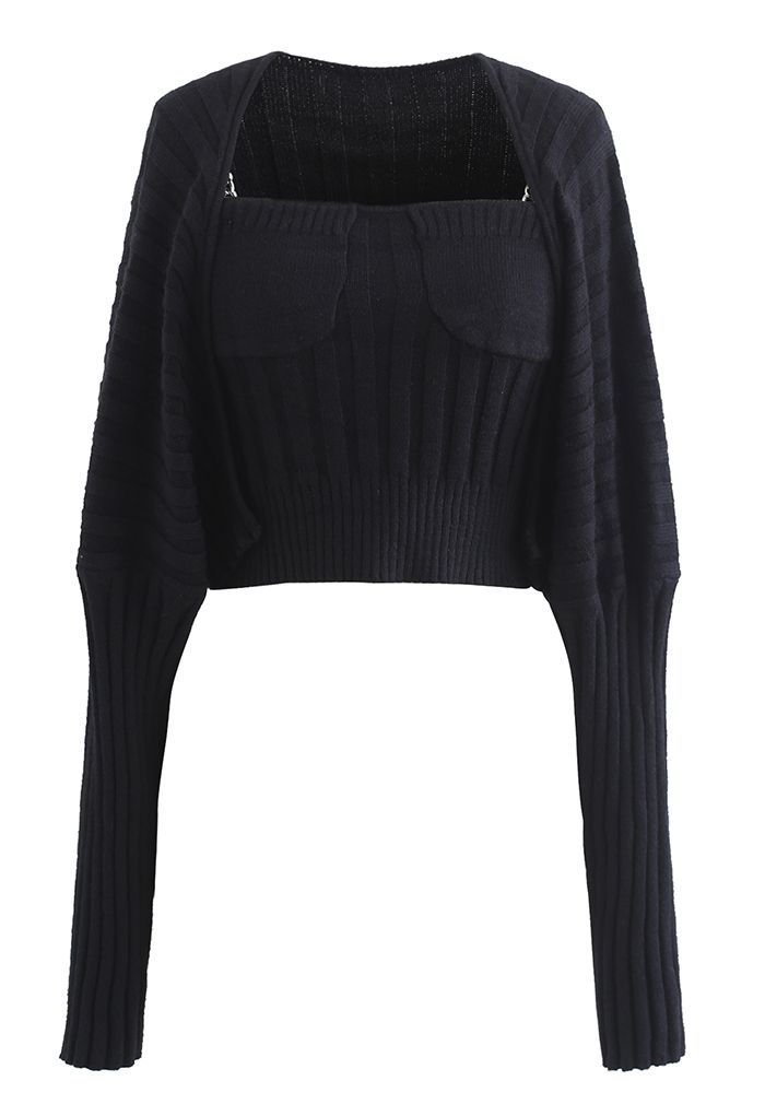Conjunto de manga de suéter y top de tirante corto de punto acanalado en negro