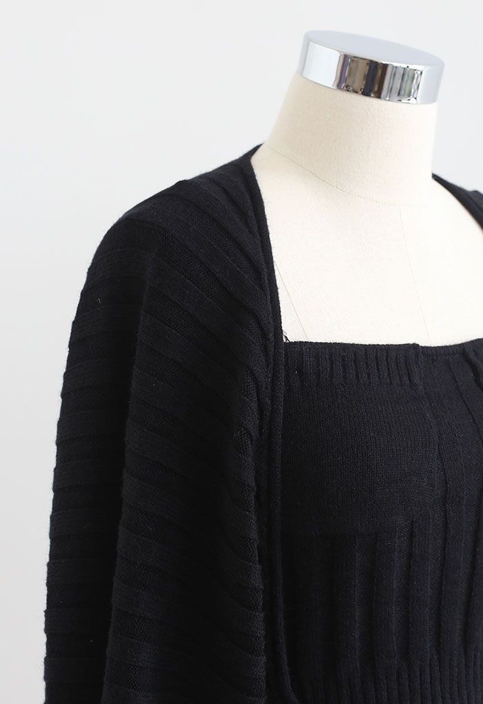 Conjunto de manga de suéter y top de tirante corto de punto acanalado en negro