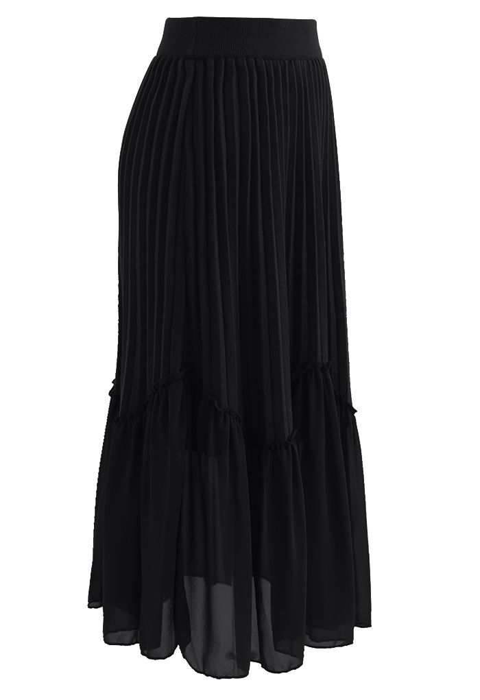 Falda midi de punto con dobladillo de gasa empalmado en negro