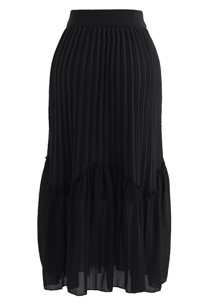 Falda midi de punto con dobladillo de gasa empalmado en negro
