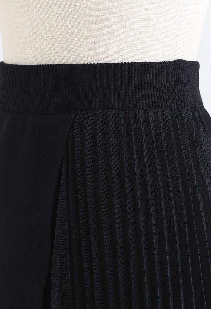 Falda midi de malla con solapa empalmada en negro