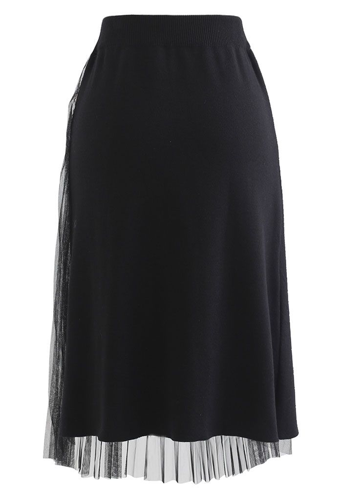 Falda midi de malla con solapa empalmada en negro