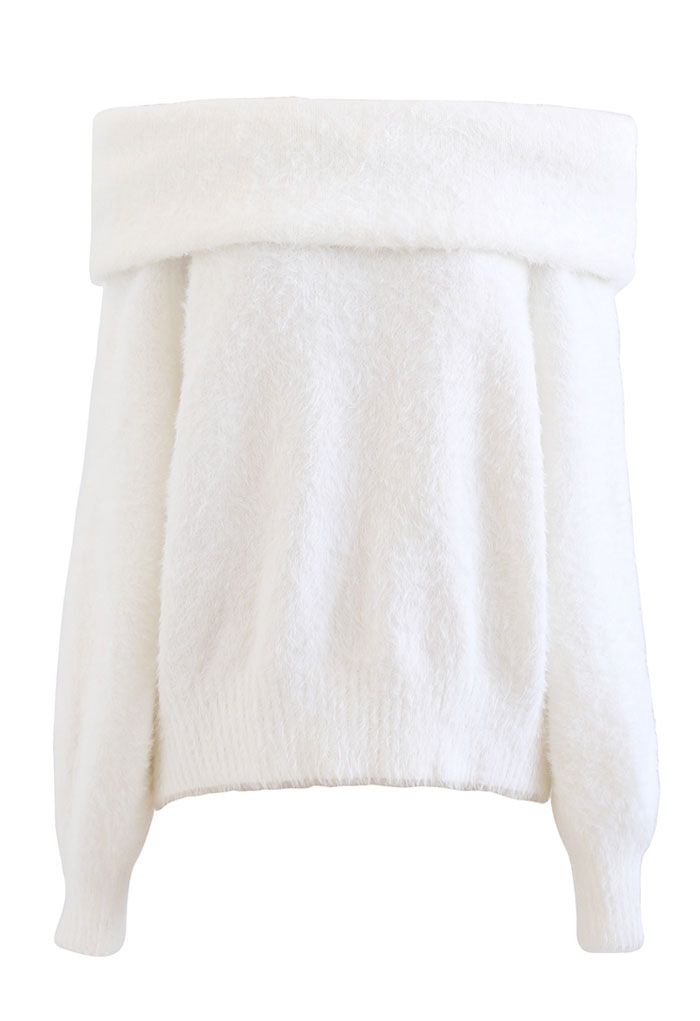 Suéter de punto difuso con hombros descubiertos y tacto suave en blanco