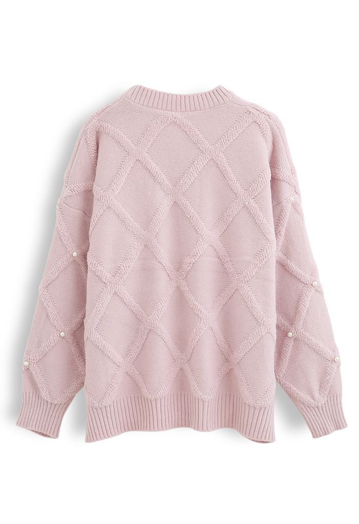 Suéter de punto difuso con ribete de perlas de diamantes en rosa