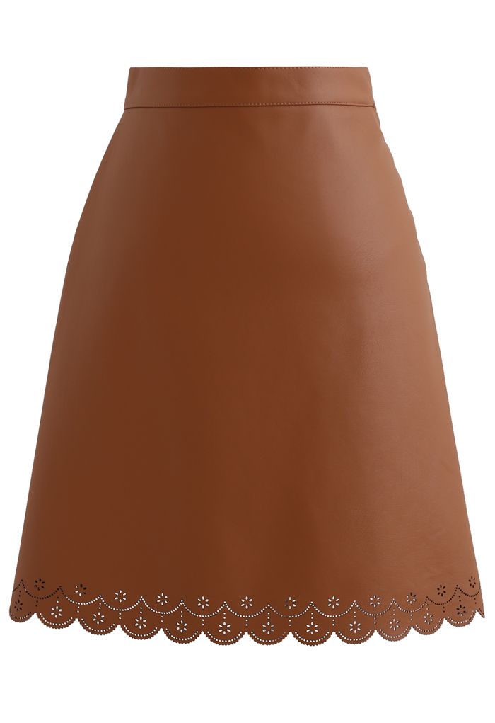 Minifalda de cuero sintético calado en caramelo