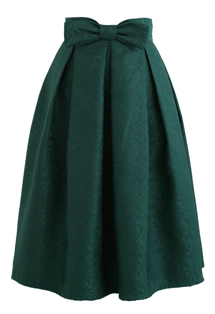 Falda midi de jacquard plisada con lazo en esmeralda
