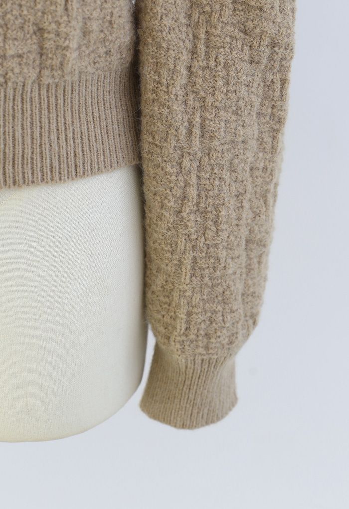 Suéter de punto con textura de hombros abullonados en tostado