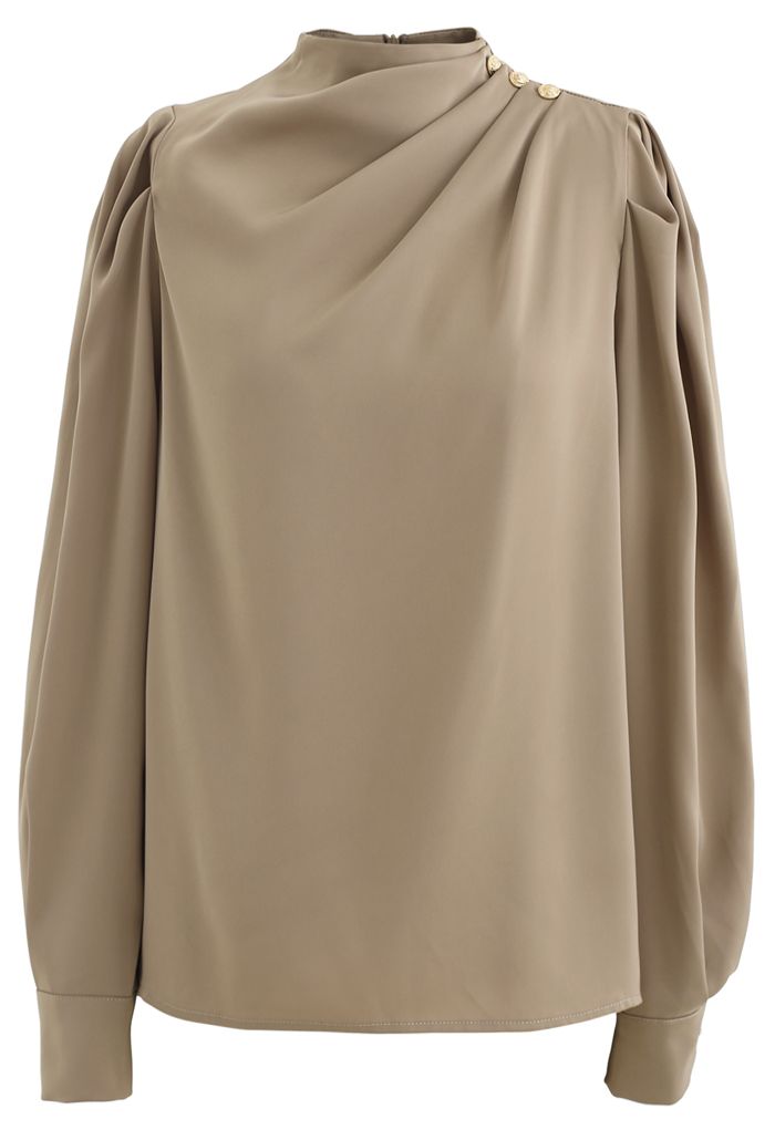 Buttoned Ruched Neck Satin Top in Tan