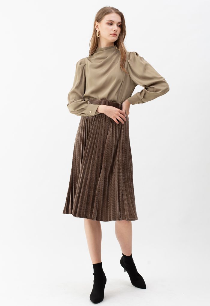 Buttoned Ruched Neck Satin Top in Tan
