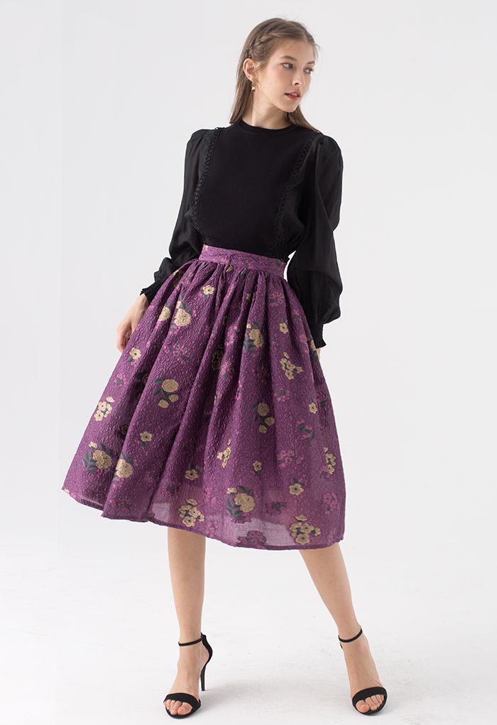 Falda midi de jacquard con estampado floral en violeta