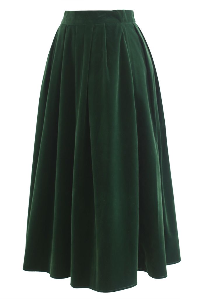 Falda midi plisada de terciopelo brillante en esmeralda