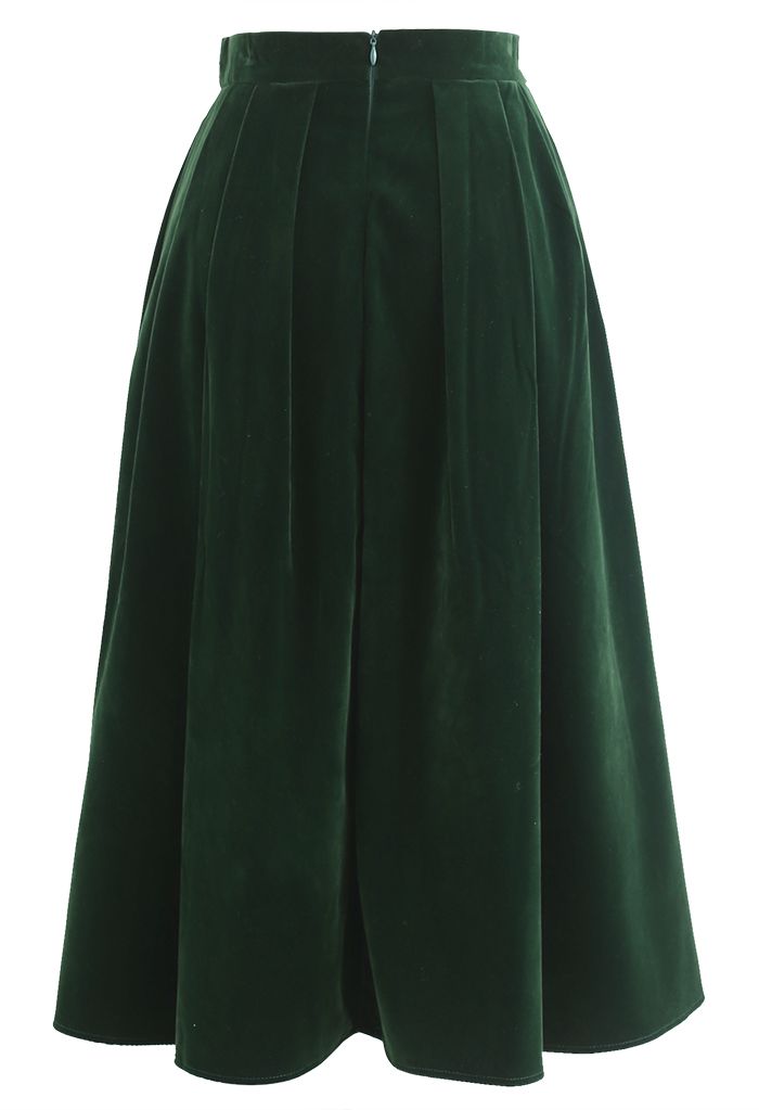 Falda midi plisada de terciopelo brillante en esmeralda