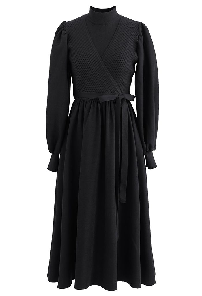 Falso vestido de punto empalmado de dos piezas con cuello simulado en negro
