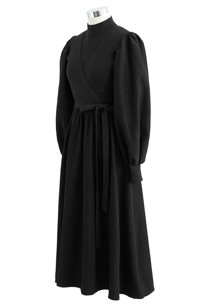 Falso vestido de punto empalmado de dos piezas con cuello simulado en negro