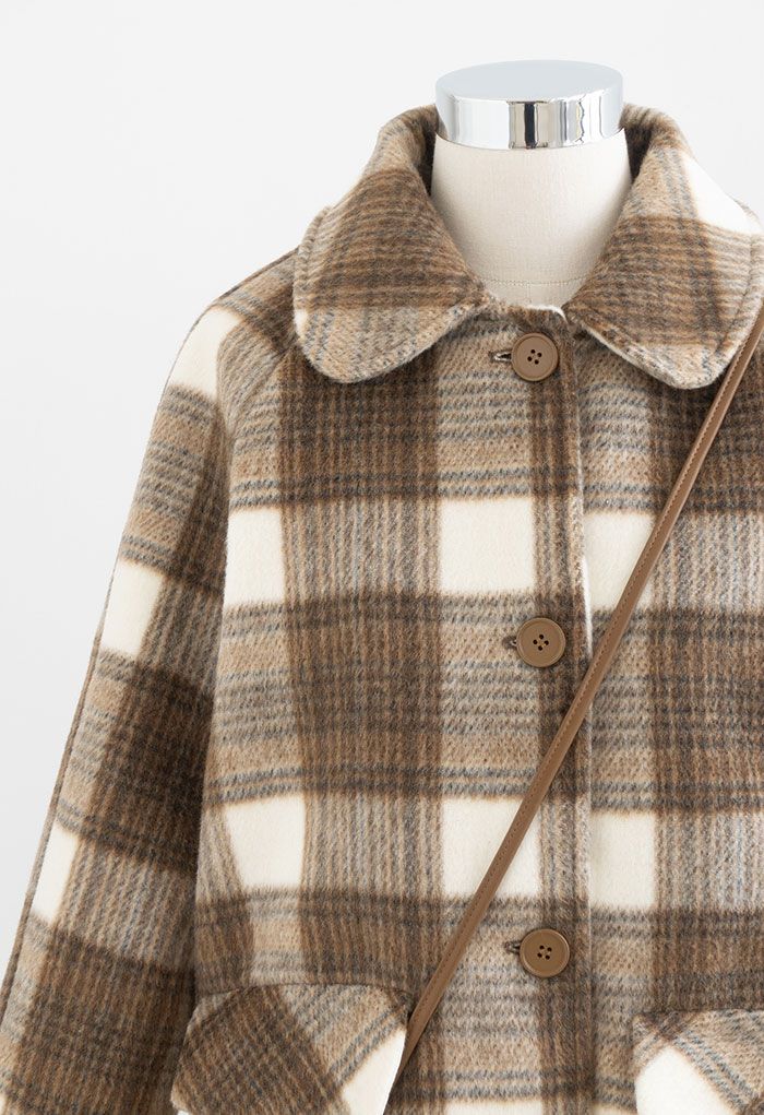 Abrigo largo de mezcla de lana a cuadros con funda para teléfono tipo bandolera en marrón claro