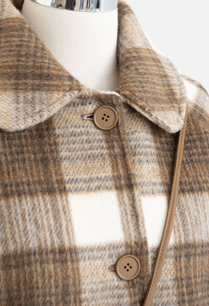 Abrigo largo de mezcla de lana a cuadros con funda para teléfono tipo bandolera en marrón claro