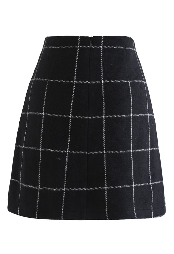 Minifalda Bud de Mezcla de Lana de Cuadrícula Negra