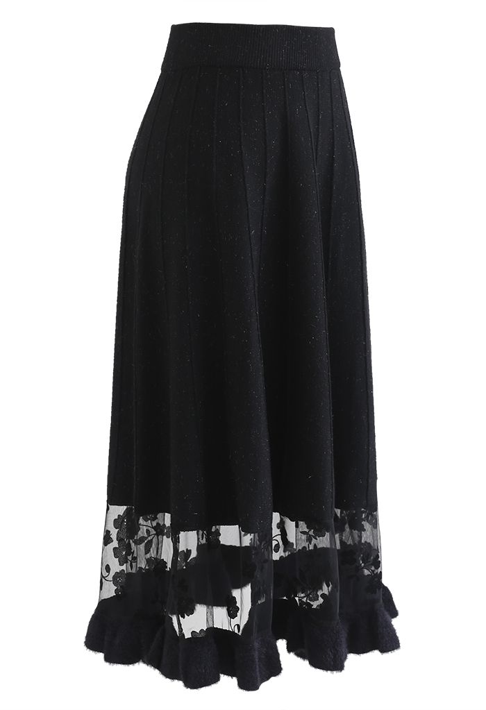 Falda de punto brillante con empalme de malla floral en negro