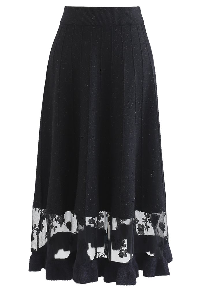 Falda de punto brillante con empalme de malla floral en negro