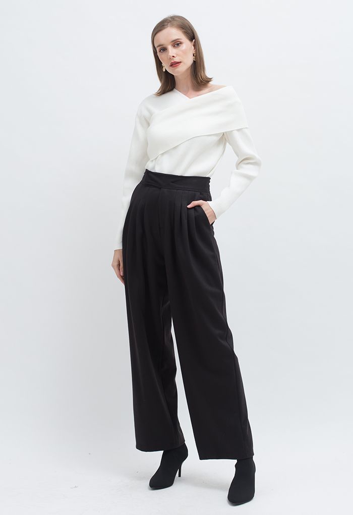 Pantalones anchos plisados de mezcla de lana en negro