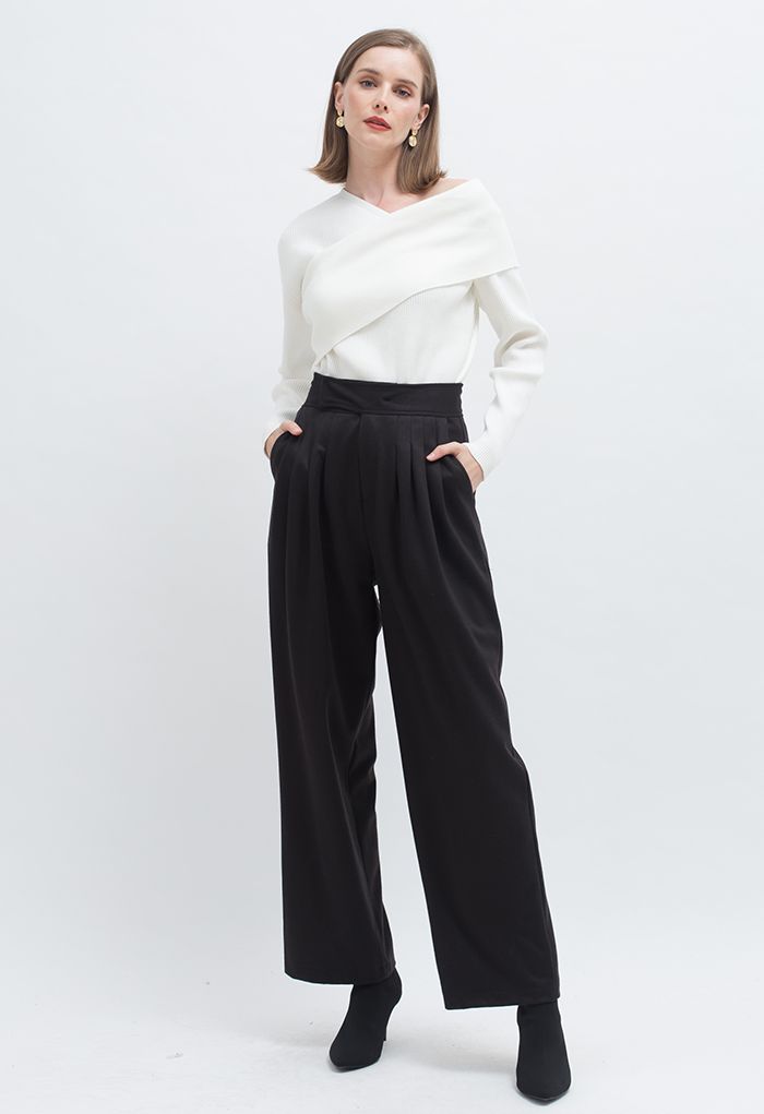 Pantalones anchos plisados de mezcla de lana en negro