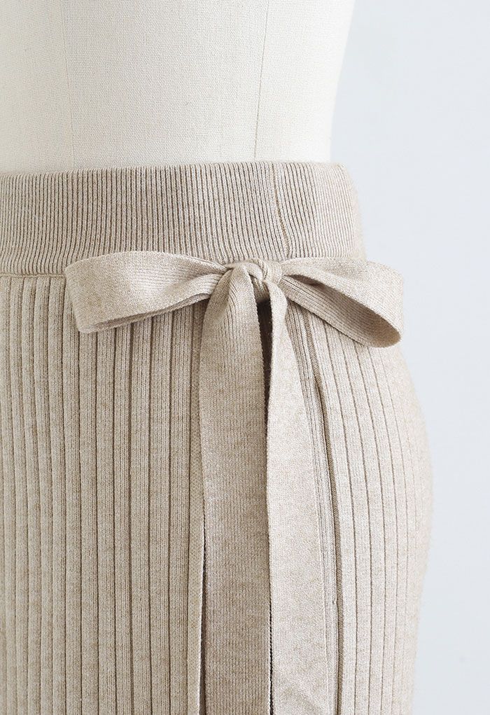 Falda midi de lino con solapa lateral y bowknot