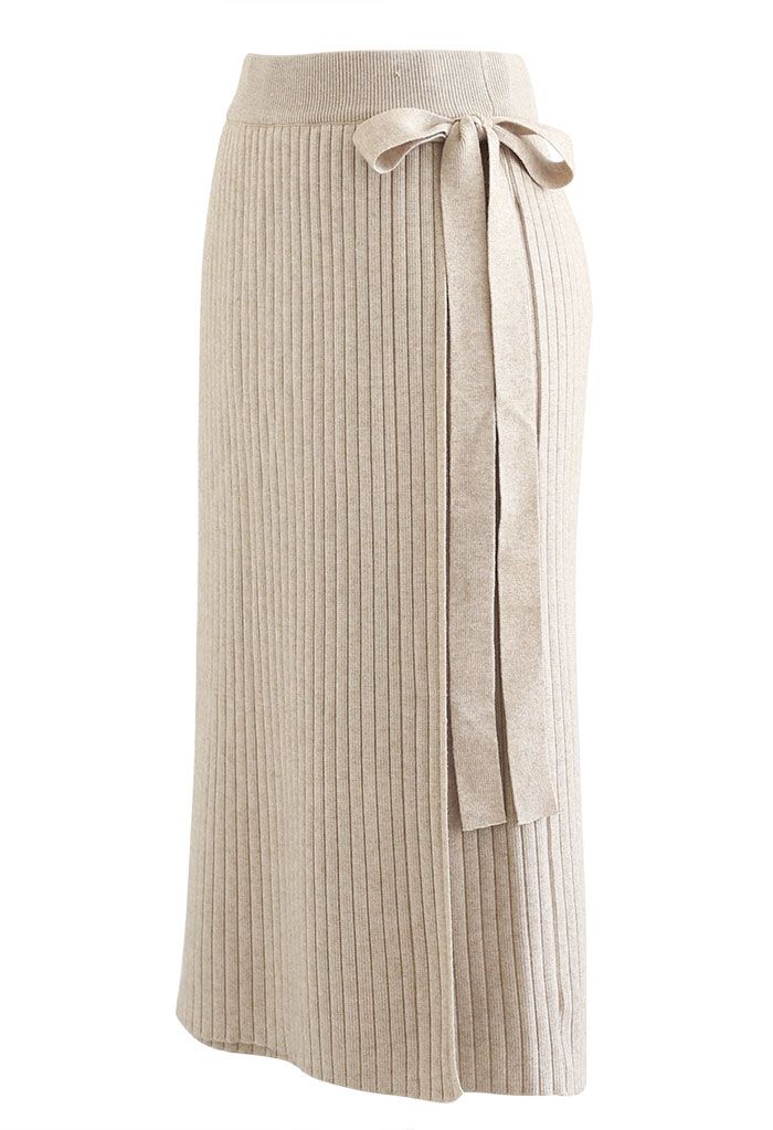 Falda midi de lino con solapa lateral y bowknot