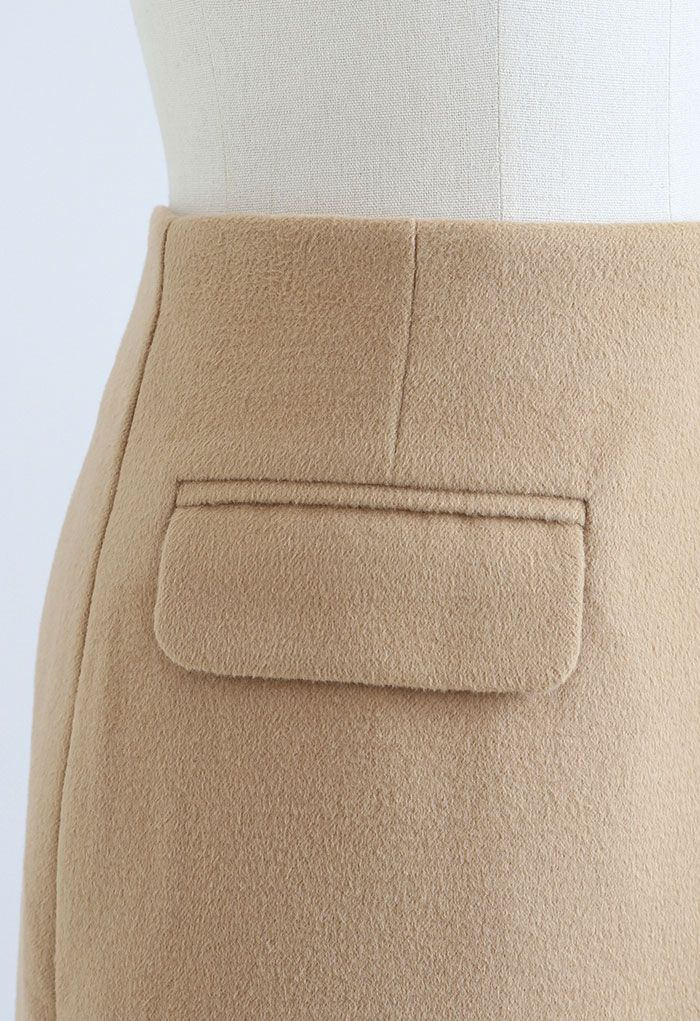 Minifalda de mezcla de lana con doble solapa en marrón claro