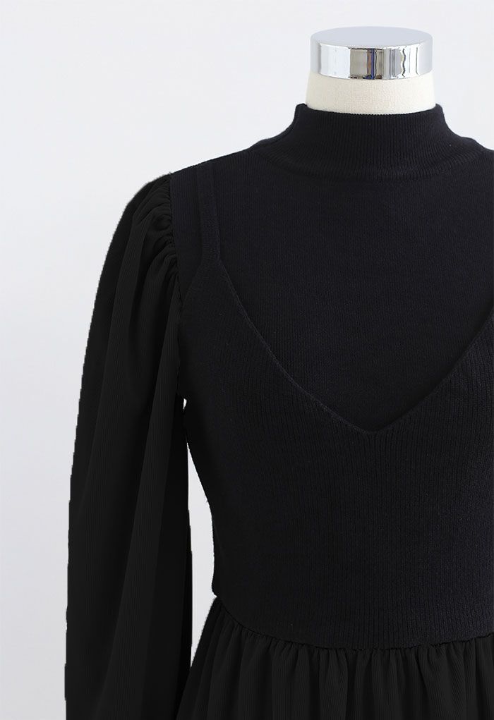 Vestido de pana con empalme de punto con cuello simulado en negro