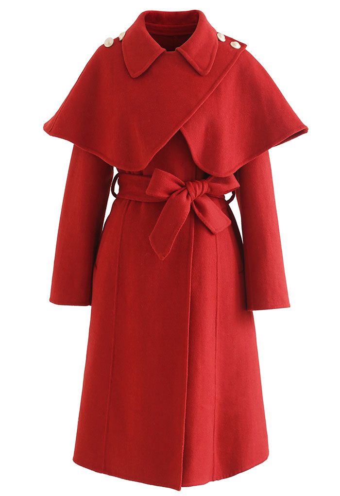 Abrigo largo de mezcla de lana con capa en los hombros en rojo