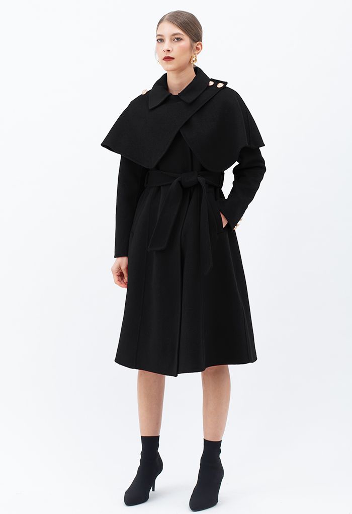 Abrigo largo de mezcla de lana con hombros al descubierto en negro