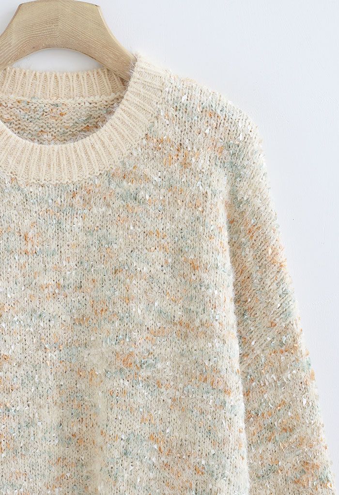 Suéter largo extragrande de punto de mezcla de colores en crema