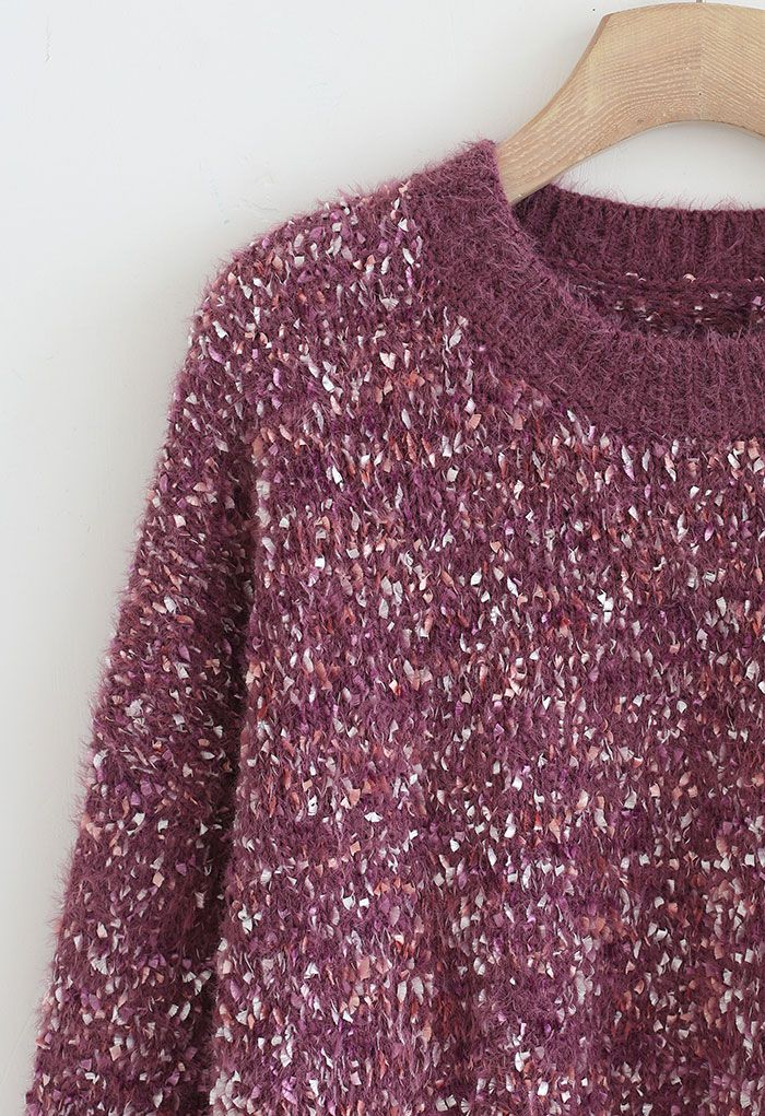 Suéter largo extragrande de punto de mezcla de colores en morado