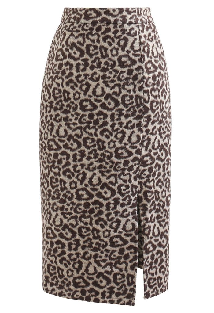 Falda midi de tubo de mezcla de lana con estampado de leopardo