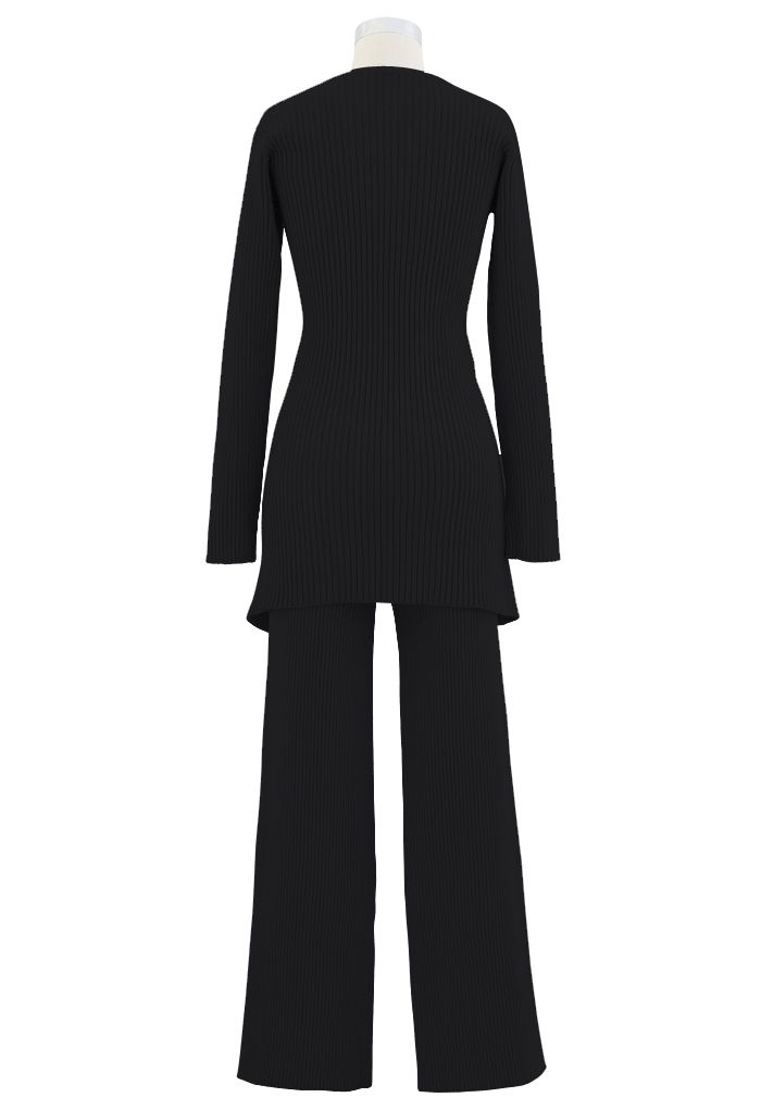 Conjunto de suéter y pantalón largo de punto acanalado cruzado en negro