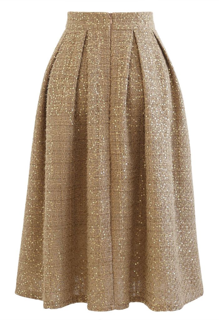 Falda midi plisada de tweed con lentejuelas doradas