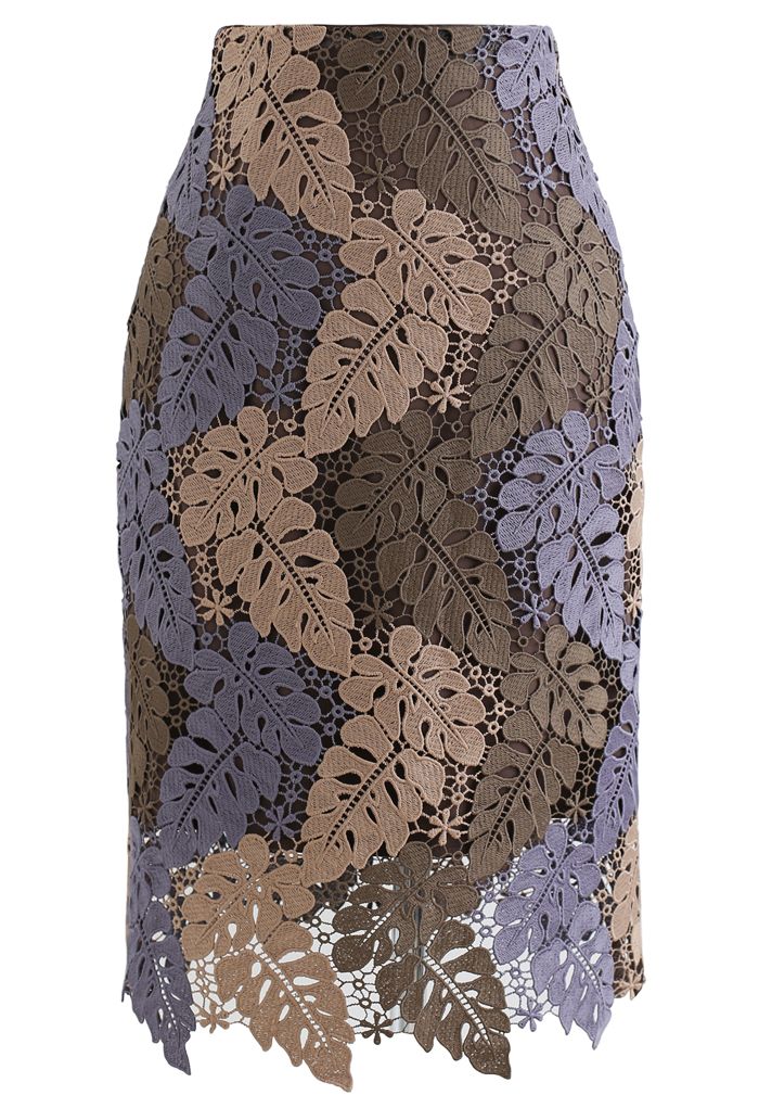 Falda lápiz de croché con hojas multicolores en marrón topo