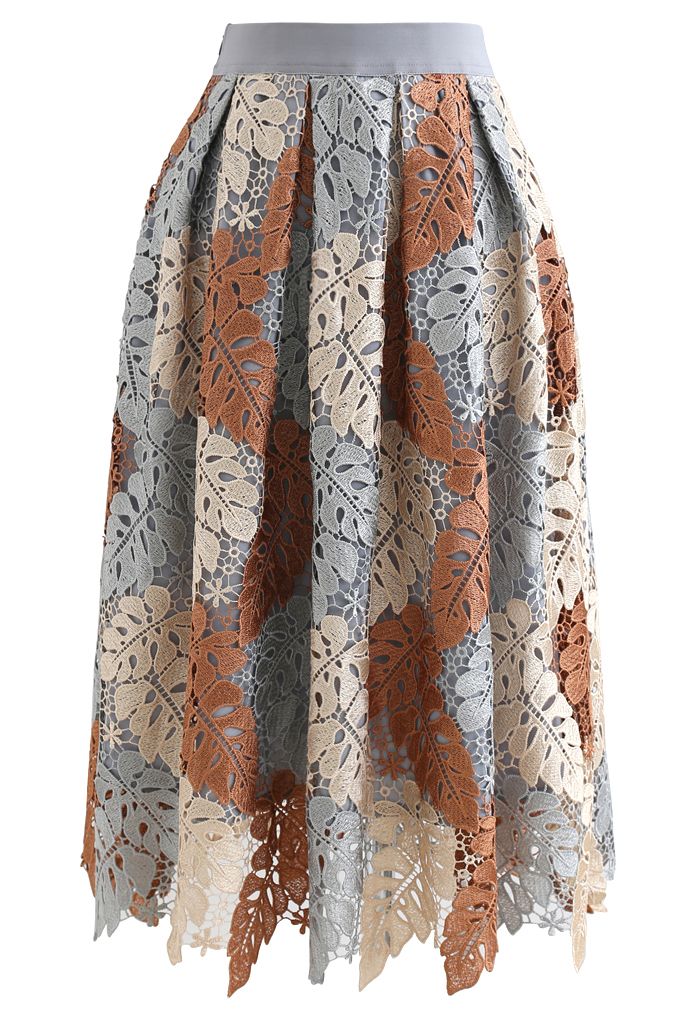 Falda midi plisada de croché con hojas multicolores