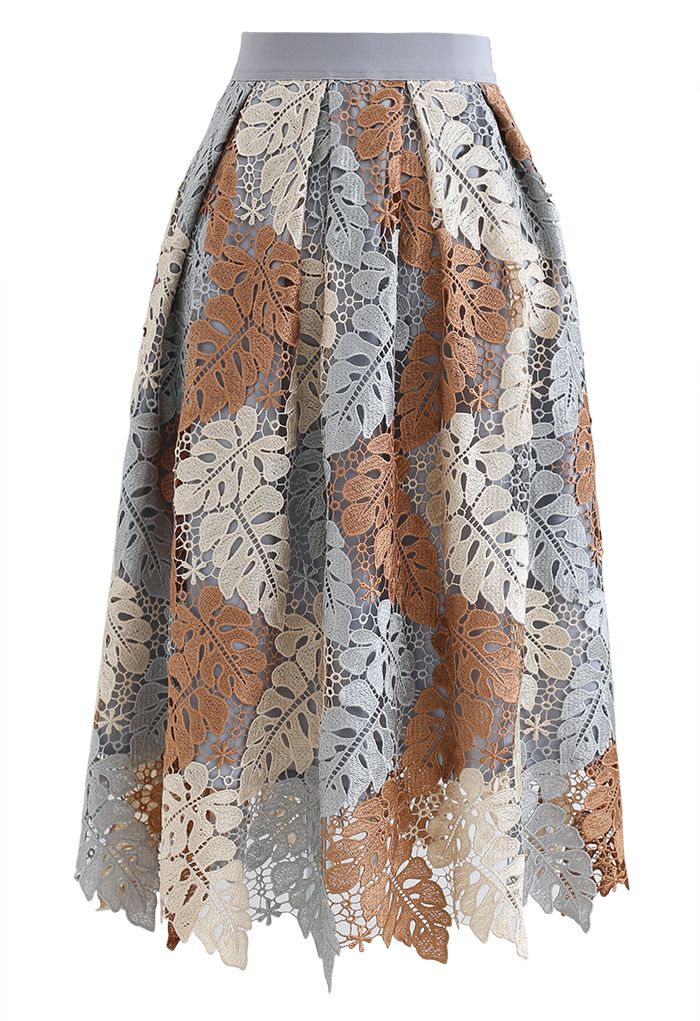 Falda midi plisada de croché con hojas multicolores